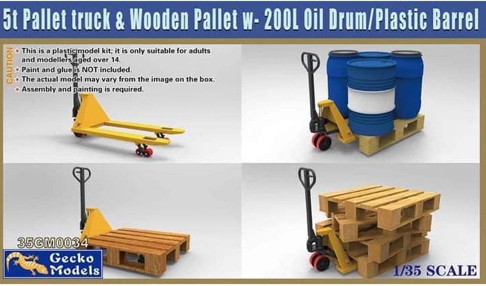 35GM0034  наборы для диорам 5t Pallet Truck & Wooden Pallet 200L Oil Drum and Plastic Barrel (1:35)