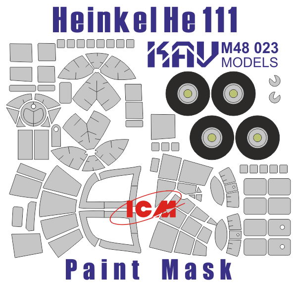 KAV M48 023  инструменты для работы с краской  Окрасочная маска на остекление He-111 (ICM)  (1:48)