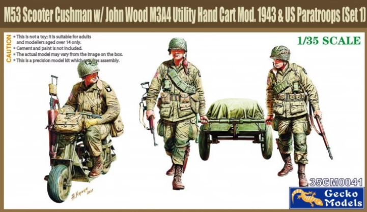 35GM0041  фигуры  M53 Scooter Cushman w/John Wood M3A4 Utility Hand Cart & US Paratroops Set1 (1:35)