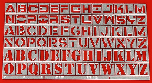 3812  инструменты для работы с краской  Трафарет латинский алфавит. 78 символов. II
