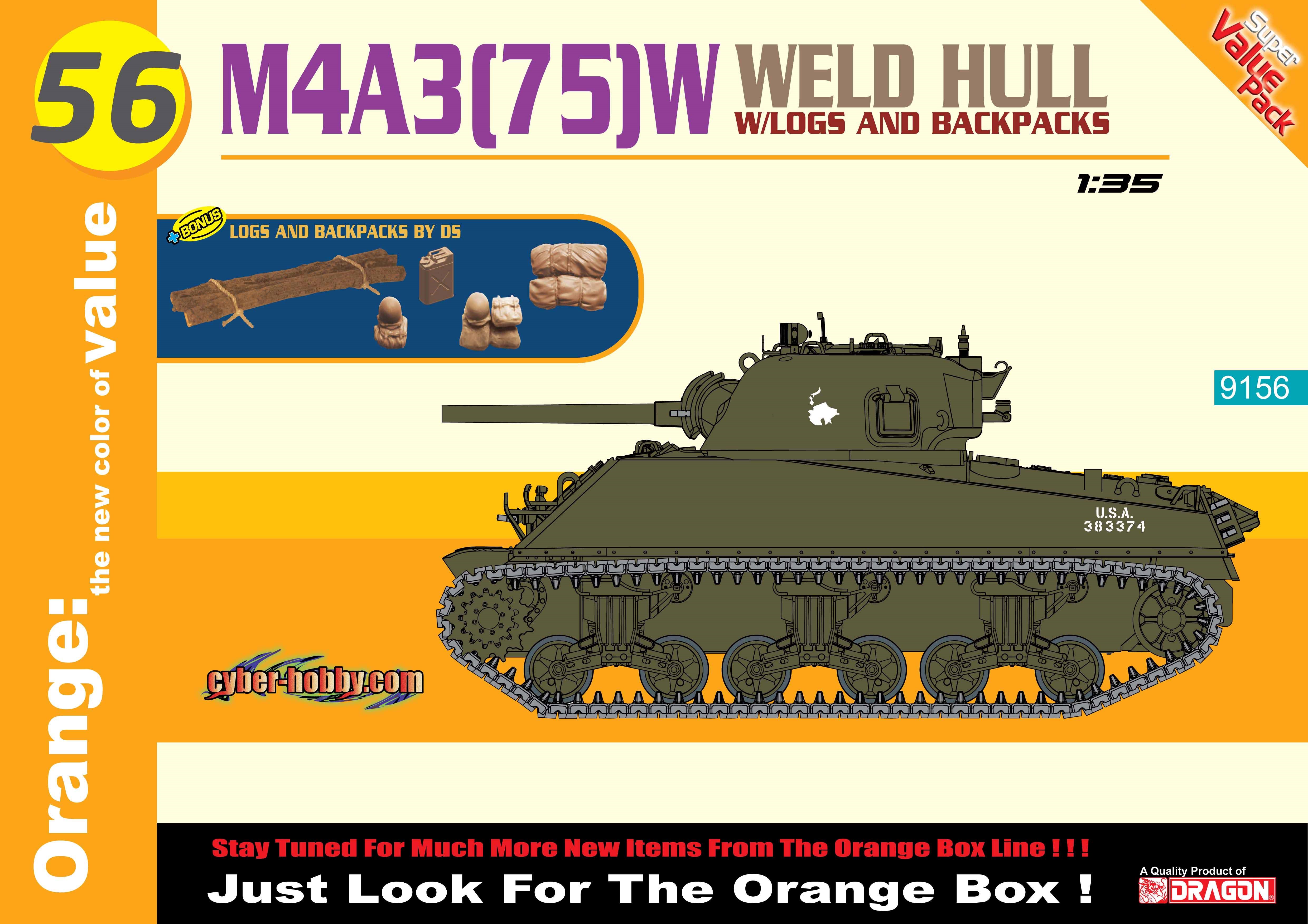 9156  техника и вооружение  M4A3 (75)W Weld Hull + Logs And Backpacks (1:35)