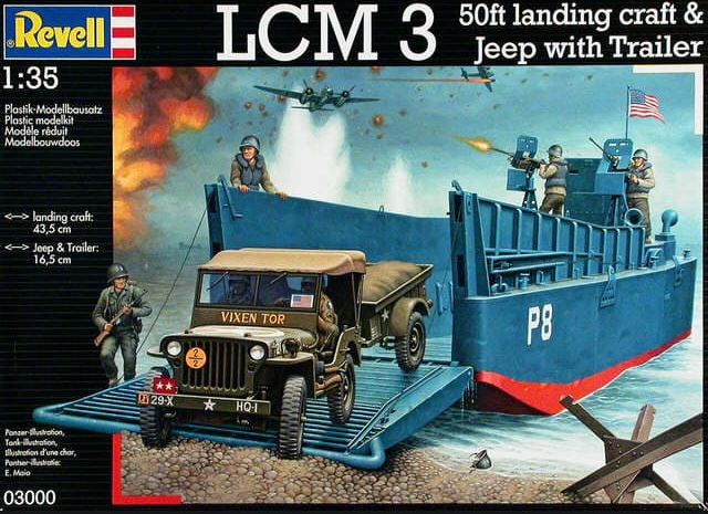 03000  флот   LCM 3 50ft LANDING CRAFT & JEEP WITH TRAILER  (1:35)