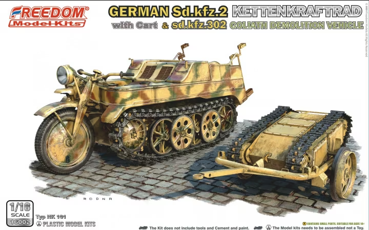 16002  техника и вооружение  German Sd.Kfz.2 Kettenkraftrad with Cart & Sdkfz 302 Goliath  (1:16)
